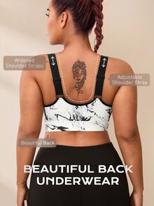 Rhythm Era Plus Size Sports Bra With Removable Padding, Adjustable Straps, High Impact Support, Ink Print Design Gym Sports White Summer - Black and White - View 2