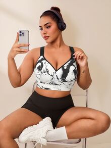 Rhythm Era Plus Size Sports Bra With Removable Padding, Adjustable Straps, High Impact Support, Ink Print Design Gym Sports White Summer - Black and White - View 4