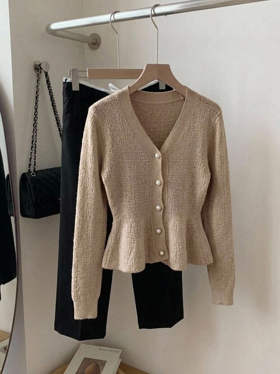 DAZY Women's Autumn Pearl Button Loose Cardigan - Khaki - View 1