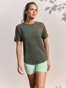 In My Nature Women's Letter Print Mesh Patchwork Casual Versatile Daily Outdoor T-Shirt - Army Green - View 5