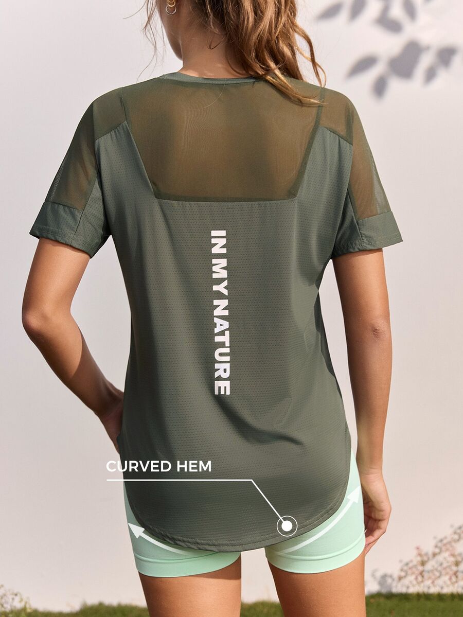 In My Nature Women's Letter Print Mesh Patchwork Casual Versatile Daily Outdoor T-Shirt