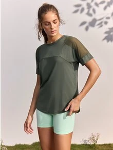 In My Nature Women's Letter Print Mesh Patchwork Casual Versatile Daily Outdoor T-Shirt - Army Green - View 8