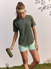 In My Nature Women's Letter Print Mesh Patchwork Casual Versatile Daily Outdoor T-Shirt - Army Green - View 4