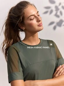 In My Nature Women's Letter Print Mesh Patchwork Casual Versatile Daily Outdoor T-Shirt - Army Green - View 3