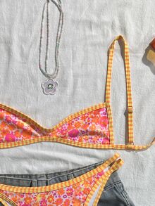 SHEIN Swim 女款細肩帶橘色花卉印花性感海灘度假泳衣套裝 - 粉色 - 查看 4