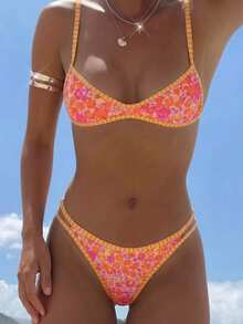 SHEIN Swim 女款細肩帶橘色花卉印花性感海灘度假泳衣套裝 - 粉色 - 查看 1