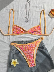 SHEIN Swim 女款細肩帶橘色花卉印花性感海灘度假泳衣套裝 - 粉色 - 查看 3