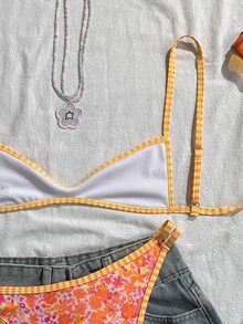 SHEIN Swim 女款細肩帶橘色花卉印花性感海灘度假泳衣套裝 - 粉色 - 查看 5