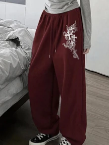 Attitoon 女款秋冬極簡前綁帶寬鬆休閒運動褲，適合日常穿著，開學季適用 - 紅色 - 查看 4