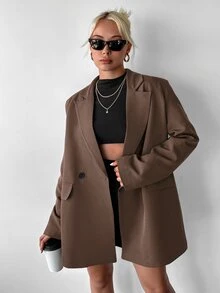 Ritzy Row Women's Casual OVERSIZE Padded Shoulder Mid-Length Double-Breasted Blazer - Coffee Brown - View 4