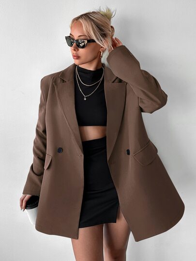 Ritzy Row Women's Casual OVERSIZE Padded Shoulder Mid-Length Double-Breasted Blazer
