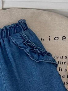 Celana Panjang Longgar Denim Biru Tua untuk Anak Perempuan dengan Hiasan Saku Berkerut, Pakaian Koboi untuk Gadis Desa - Biru - View 6