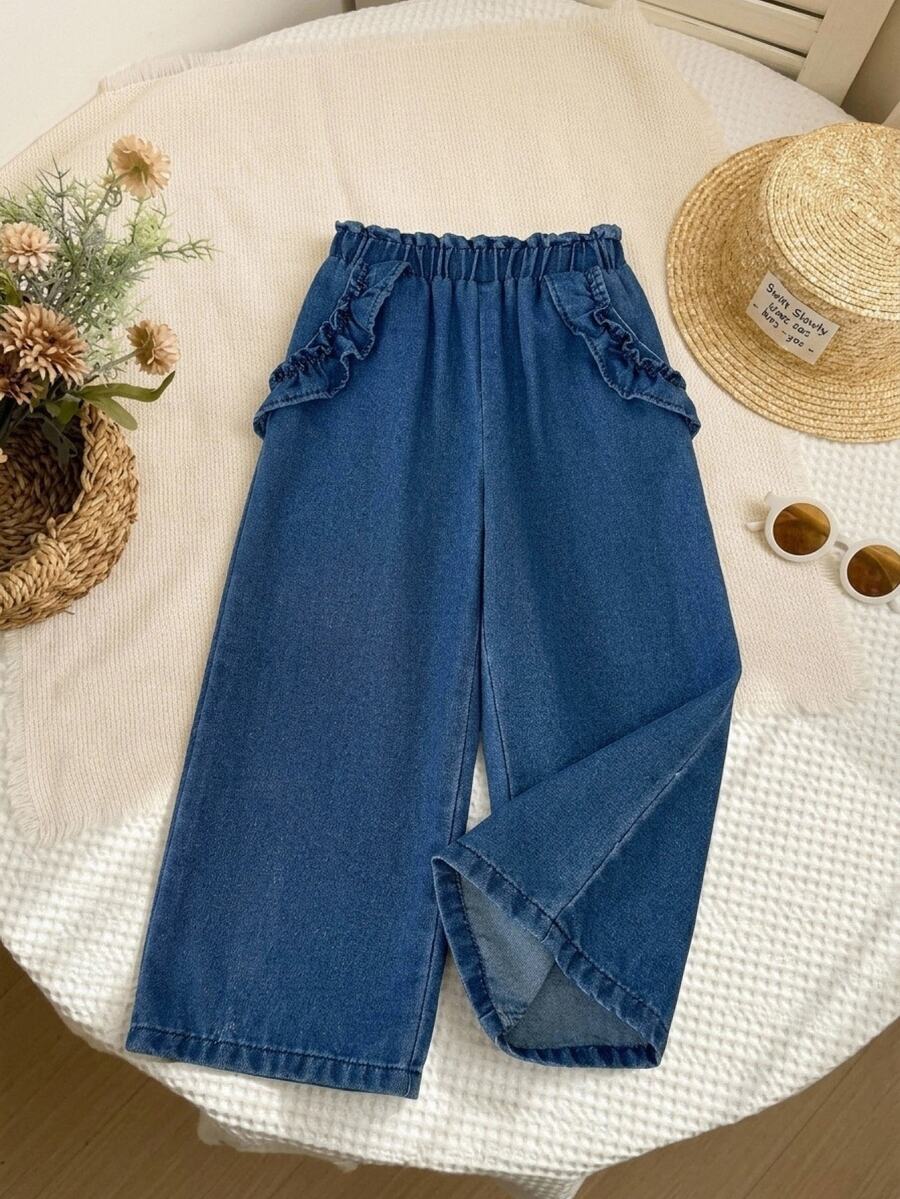 Celana Panjang Longgar Denim Biru Tua untuk Anak Perempuan dengan Hiasan Saku Berkerut, Pakaian Koboi untuk Gadis Desa - Biru - View 1