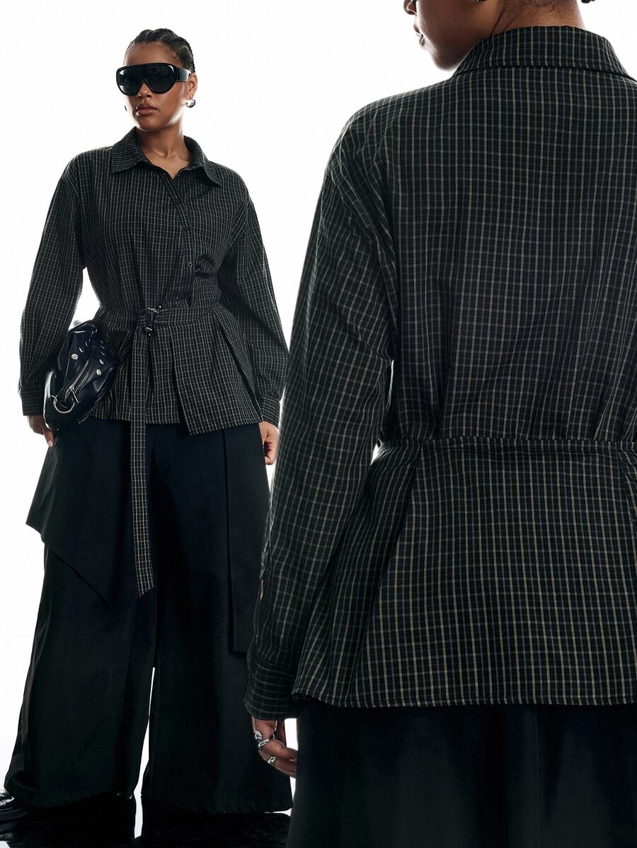 LYSMO Plus 1pc Plaid Print Drop Shoulder Belted Top Autumn Office Formal Casual Racing Formal Formal Black And White Casual Decent Elegant - Multicolor - View 1