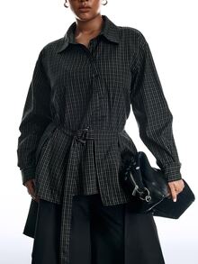 LYSMO Plus 1pc Plaid Print Drop Shoulder Belted Top Autumn Office Formal Casual Racing Formal Formal Black And White Casual Decent Elegant - Multicolor - View 6