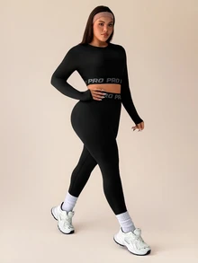 Rhythm Era Plus Size Women Letter Print Round Neck Long Sleeve Cropped T-Shirt And Leggings Sports Suit Tummy Control Workout Set Fall - Black - View 6