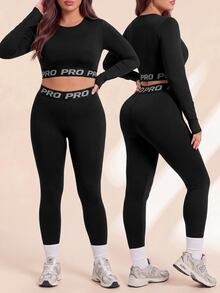 Rhythm Era Plus Size Women Letter Print Round Neck Long Sleeve Cropped T-Shirt And Leggings Sports Suit Tummy Control Workout Set Fall - Black - View 5