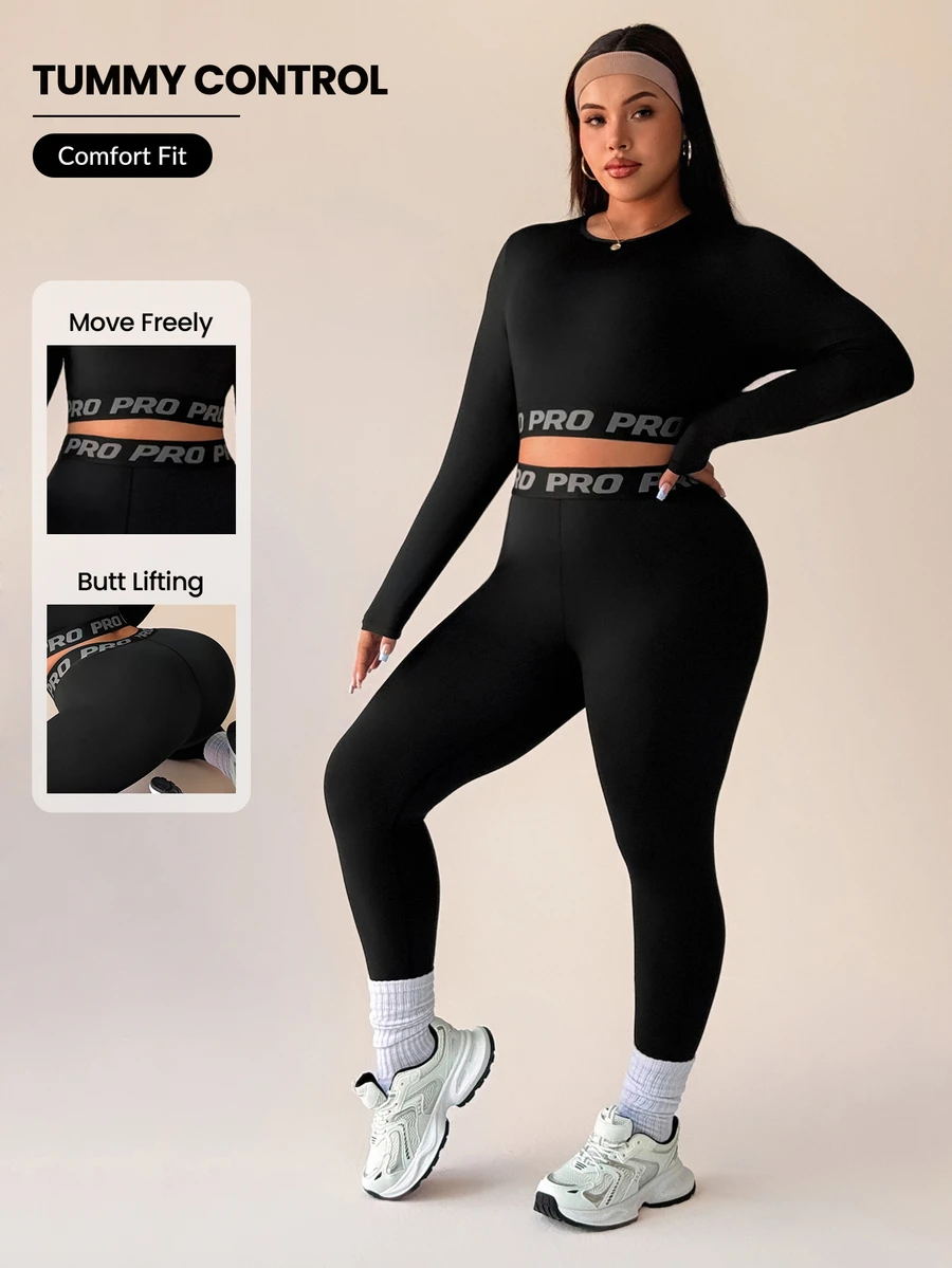Rhythm Era Plus Size Women Letter Print Round Neck Long Sleeve Cropped T-Shirt And Leggings Sports Suit Tummy Control Workout Set Fall