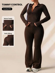 SHEIN Rhythm Era Women's Plus Size Brown Winter Athletic Gym 2 Pieces Set Ribbed Zip-Up Jacket With Thumb Hole And High Waist Flare Pants Spandex Yoga Matching Set - Chocolate Brown - View 2