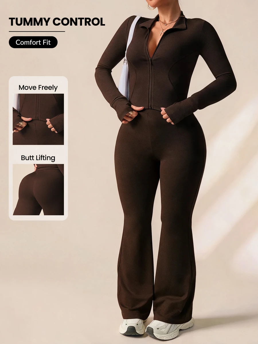 SHEIN Rhythm Era Women's Plus Size Brown Winter Athletic Gym 2 Pieces Set Ribbed Zip-Up Jacket With Thumb Hole And High Waist Flare Pants Spandex Yoga Matching Set