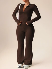 SHEIN Rhythm Era Women's Plus Size Brown Winter Athletic Gym 2 Pieces Set Ribbed Zip-Up Jacket With Thumb Hole And High Waist Flare Pants Spandex Yoga Matching Set - Chocolate Brown - View 4