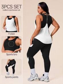 SHEIN Rhythm Era Plus Size Women Minimalist Solid Tank Top & Striped Contrast Trim Fitted Leggings 3 Piece Sports Set - Black and White - View 8