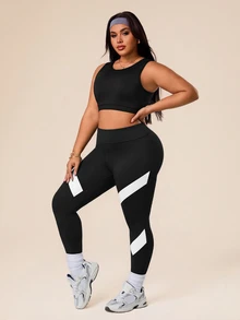 SHEIN Rhythm Era Plus Size Women Minimalist Solid Tank Top & Striped Contrast Trim Fitted Leggings 3 Piece Sports Set - Black and White - View 6