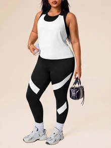 SHEIN Rhythm Era Plus Size Women Minimalist Solid Tank Top & Striped Contrast Trim Fitted Leggings 3 Piece Sports Set - Black and White - View 3