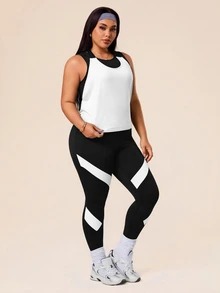 SHEIN Rhythm Era Plus Size Women Minimalist Solid Tank Top & Striped Contrast Trim Fitted Leggings 3 Piece Sports Set - Black and White - View 4