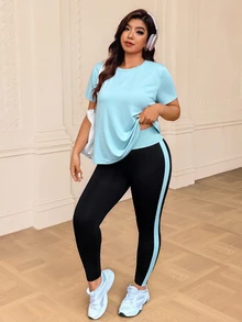 SHEIN Rhythm Era 大尺碼純色百搭圓領短袖T恤與條紋對比色緊身運動褲套裝 - 彩色 - 查看 5