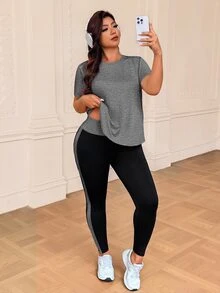 SHEIN Rhythm Era Plus Size Women's Round Neck Short Sleeve T-Shirt And High Waist Leggings Sports Set - Multicolor - View 4