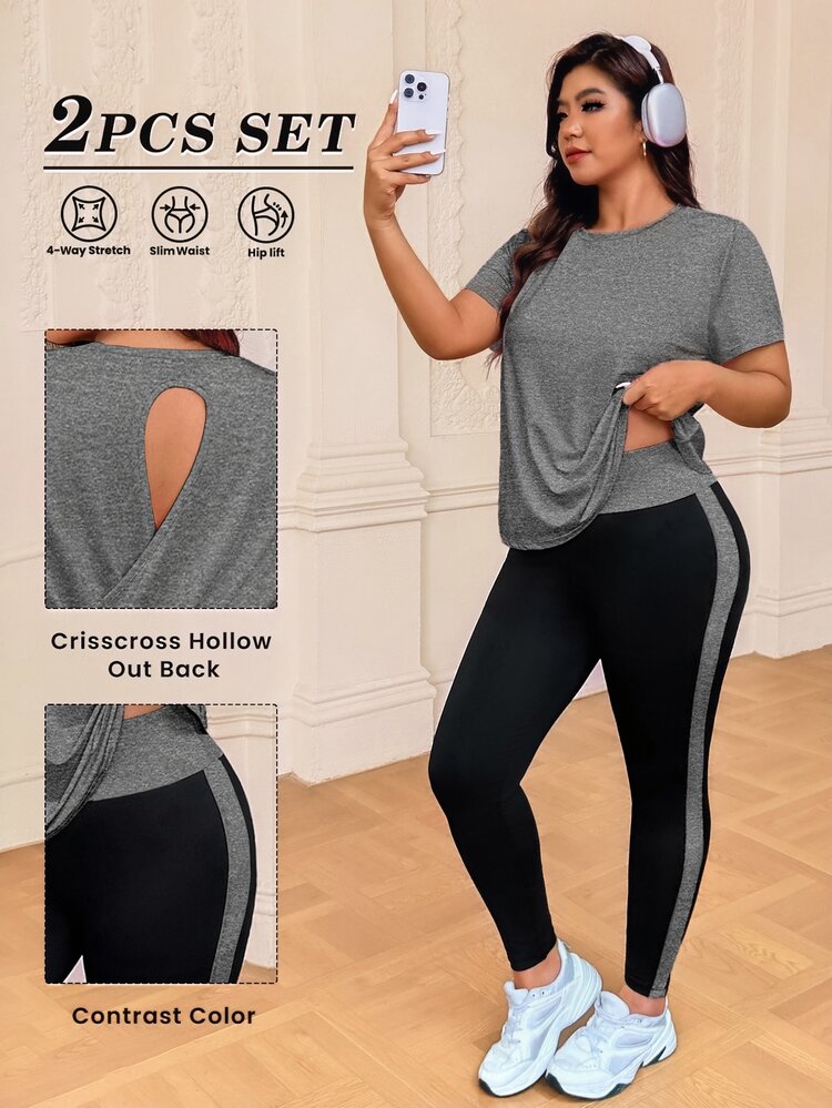 SHEIN Rhythm Era Plus Size Women's Round Neck Short Sleeve T-Shirt And High Waist Leggings Sports Set - Multicolor - View 1