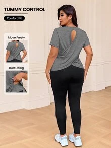 SHEIN Rhythm Era Plus Size Women's Round Neck Short Sleeve T-Shirt And High Waist Leggings Sports Set - Multicolor - View 3