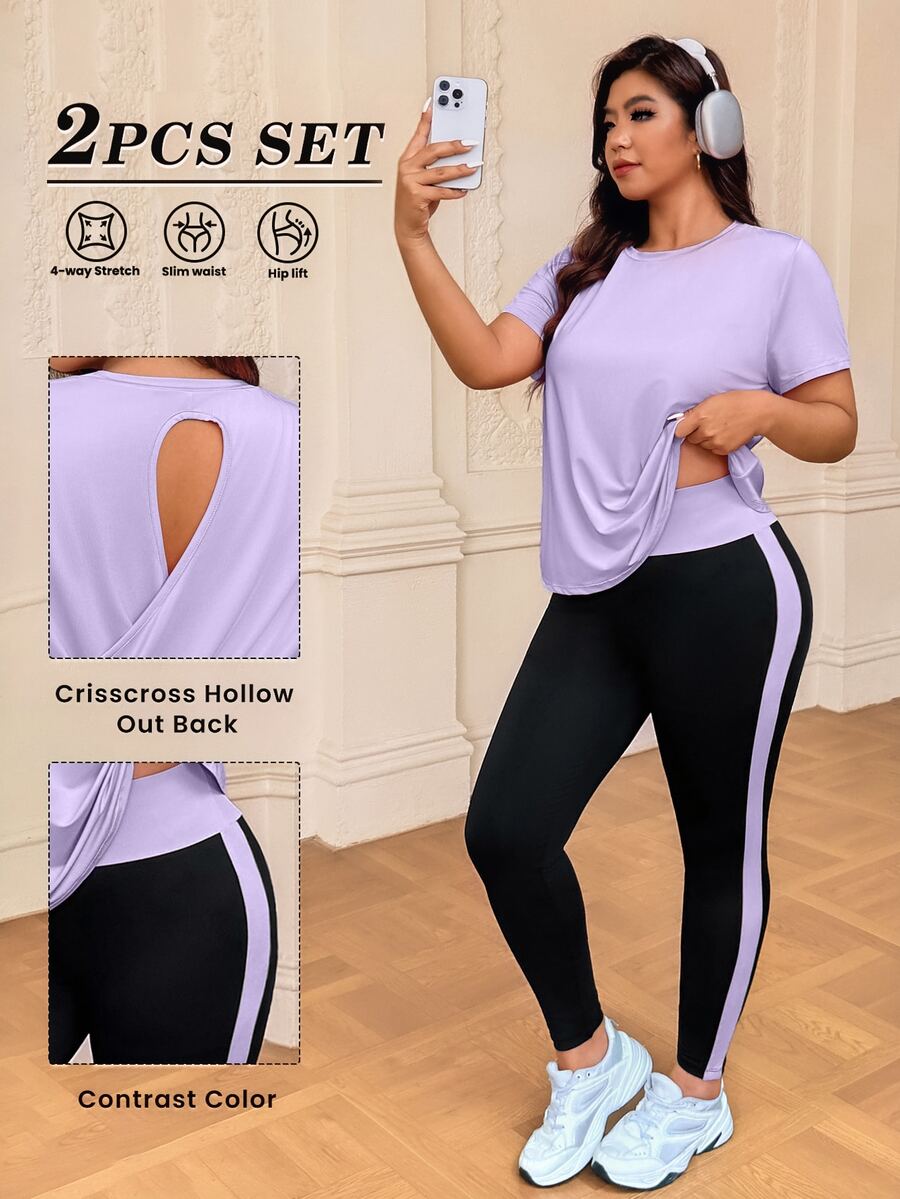 SHEIN Rhythm Era Plus Size Solid Color Hollow Out T-Shirt Contrast Color Leggings Sports Set Gym Sports Lavender Black Summer