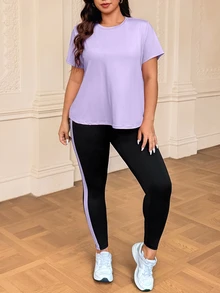 SHEIN Rhythm Era Plus Size Solid Color Hollow Out T-Shirt Contrast Color Leggings Sports Set Gym Sports Lavender Black Summer - Multicolor - View 7
