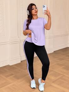 SHEIN Rhythm Era Plus Size Solid Color Hollow Out T-Shirt Contrast Color Leggings Sports Set Gym Sports Lavender Black Summer - Multicolor - View 5
