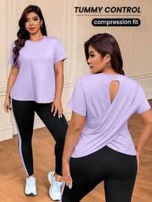 SHEIN Rhythm Era Plus Size Solid Color Hollow Out T-Shirt Contrast Color Leggings Sports Set Gym Sports Lavender Black Summer - Multicolor - View 3