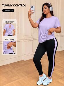 SHEIN Rhythm Era Plus Size Solid Color Hollow Out T-Shirt Contrast Color Leggings Sports Set Gym Sports Lavender Black Summer - Multicolor - View 8