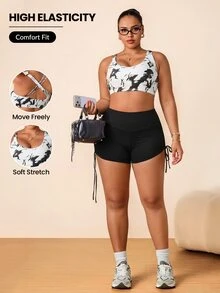 SHEIN Rhythm Era Women's Plus Size Asymmetrical Criss-Cross Back Gradient Leopard Print Digital Print Sports Bra For Outdoor Exercise - Black and White - View 1