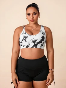 SHEIN Rhythm Era Women's Plus Size Asymmetrical Criss-Cross Back Gradient Leopard Print Digital Print Sports Bra For Outdoor Exercise - Black and White - View 3