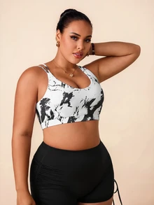 SHEIN Rhythm Era Women's Plus Size Asymmetrical Criss-Cross Back Gradient Leopard Print Digital Print Sports Bra For Outdoor Exercise - Black and White - View 4
