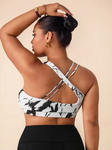 SHEIN Rhythm Era Women's Plus Size Asymmetrical Criss-Cross Back Gradient Leopard Print Digital Print Sports Bra For Outdoor Exercise - Black and White - View 2