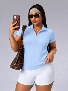 SHEIN Rhythm Era Plus Size Women Solid Color Short Sleeve Zipper Design Sports Sweatshirt - Baby Blue - View 7