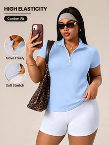 SHEIN Rhythm Era Plus Size Women Solid Color Short Sleeve Zipper Design Sports Sweatshirt - Baby Blue - View 1