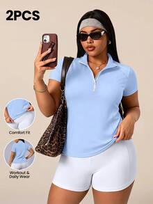 SHEIN Rhythm Era Plus Size Women Solid Color Short Sleeve Zipper Design Sports Sweatshirt - Baby Blue - View 8