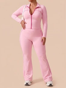 SHEIN Rhythm Era طقم رياضي للنساء مقاس كبير باللون الوردي، جاكيت بسحاب كامل وياقة واقفة مفتوحة وأكمام طويلة بتصميم راغلان مع خطوط متباينة، وبنطال واسع الساق، مناسب للجيم والخريف - وردي - مشاهدة 4