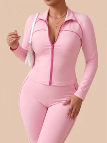 SHEIN Rhythm Era طقم رياضي للنساء مقاس كبير باللون الوردي، جاكيت بسحاب كامل وياقة واقفة مفتوحة وأكمام طويلة بتصميم راغلان مع خطوط متباينة، وبنطال واسع الساق، مناسب للجيم والخريف - وردي - مشاهدة 3