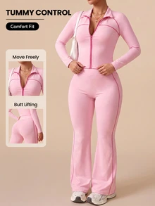 SHEIN Rhythm Era طقم رياضي للنساء مقاس كبير باللون الوردي، جاكيت بسحاب كامل وياقة واقفة مفتوحة وأكمام طويلة بتصميم راغلان مع خطوط متباينة، وبنطال واسع الساق، مناسب للجيم والخريف - وردي - مشاهدة 1