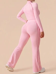 SHEIN Rhythm Era طقم رياضي للنساء مقاس كبير باللون الوردي، جاكيت بسحاب كامل وياقة واقفة مفتوحة وأكمام طويلة بتصميم راغلان مع خطوط متباينة، وبنطال واسع الساق، مناسب للجيم والخريف - وردي - مشاهدة 2