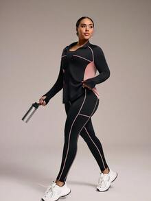 Rhythm Era Plus Size Color Block Long Sleeve Jacket And Leggings Workout Set,Black Winter Athletic Gym Women Activewear Set Curve Sports Suit Workout Clothes - Multicolor - View 4